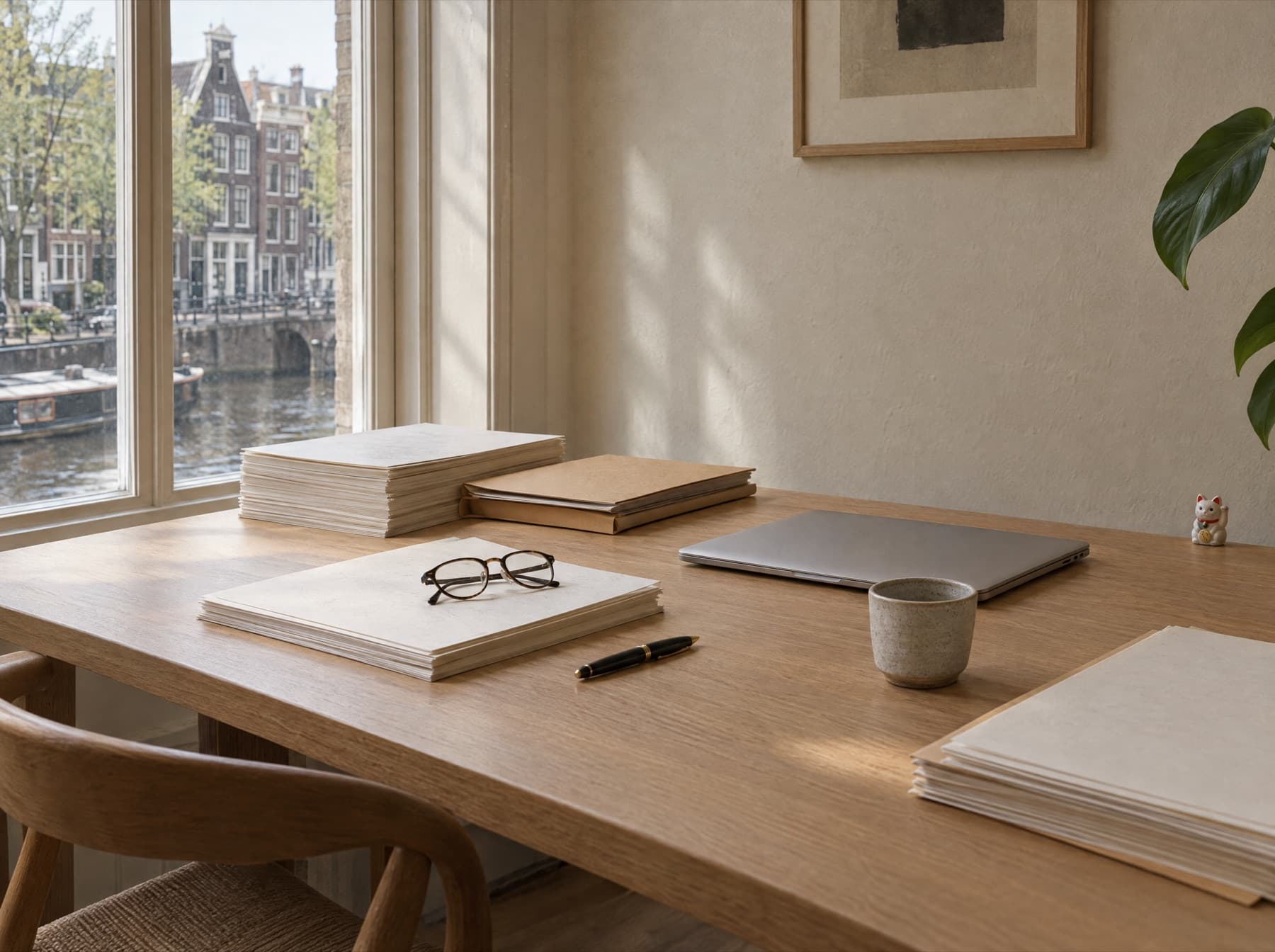 A calm accountant desk with tidy stacks of paper, a fountain pen and a closed laptop.