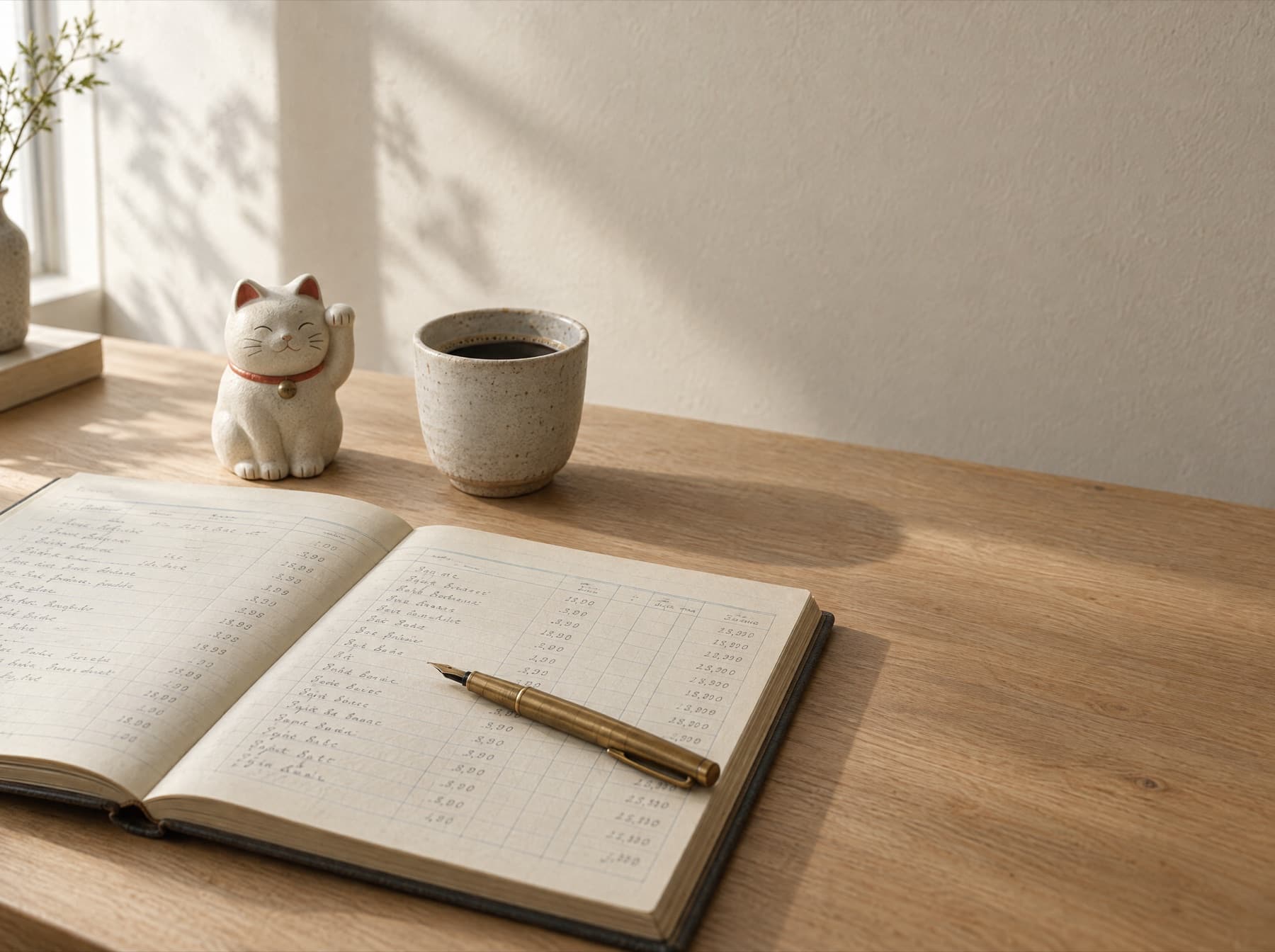 An open ledger on a wooden desk in morning light, with a small white lucky cat figurine beside it.