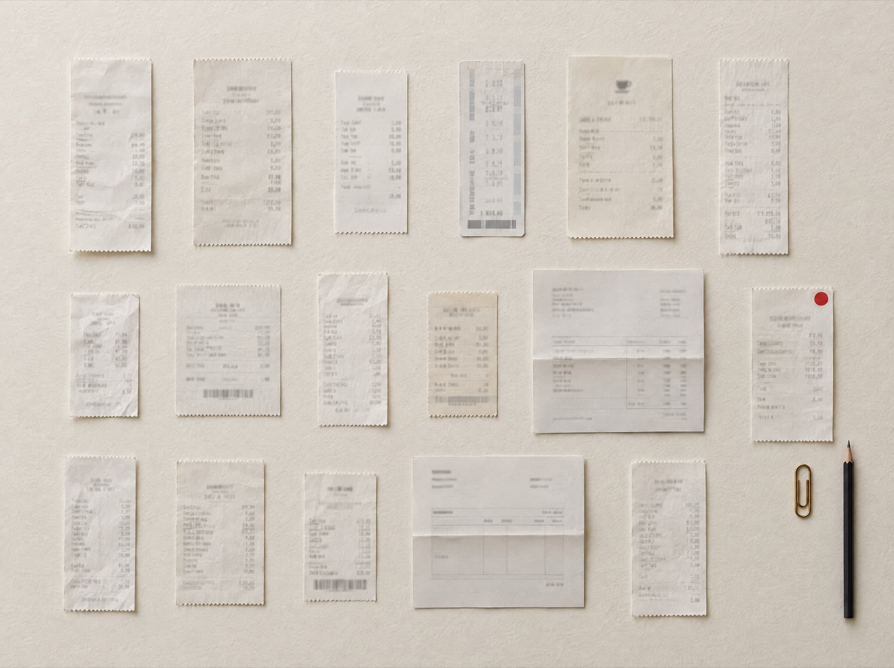 Bonnetjes en facturen netjes op een rij op licht papier, van bovenaf gefotografeerd.